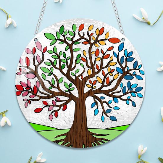 Round Stained Glass Style Window Hangings 5.9 Inch Colorful Sun Catcher with Chain for Indoor Outdoor Decor Light Reflection Artistic Gift