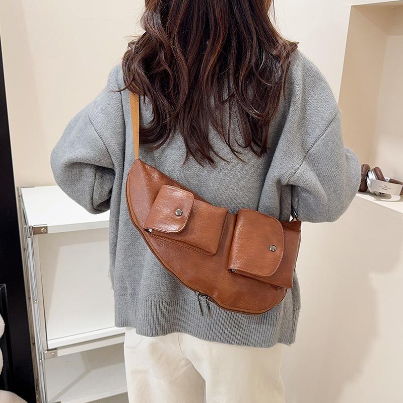 Women's breast bag trendy fanny pack retro casual versatile messenger bag soft leather mobile phone waist hanging bag