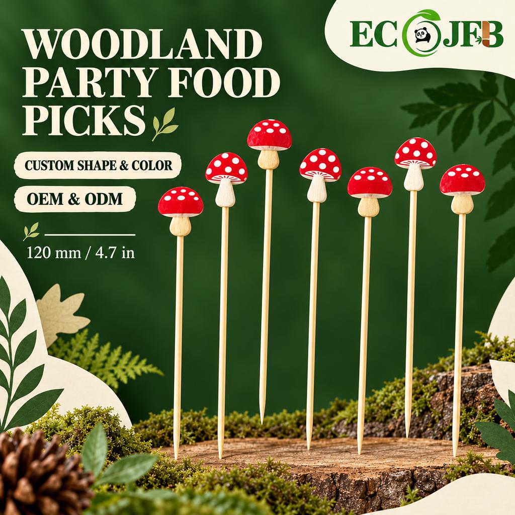 ECO JFB 120mm Mushroom Bamboo Party Picks for Fruit Cheese Woodland Events Custom Shape Bulk B2B Supply Pack