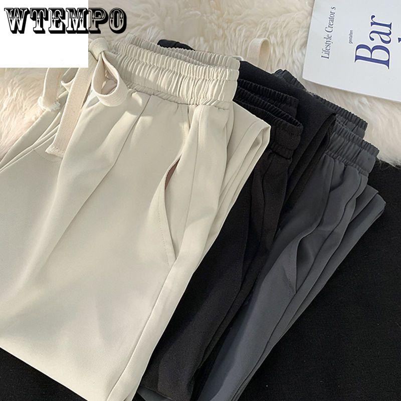 Summer Thin Loose Wide-leg Men Elastic Fashion Casual Straight Drawstring Trousers Black Blue Gray