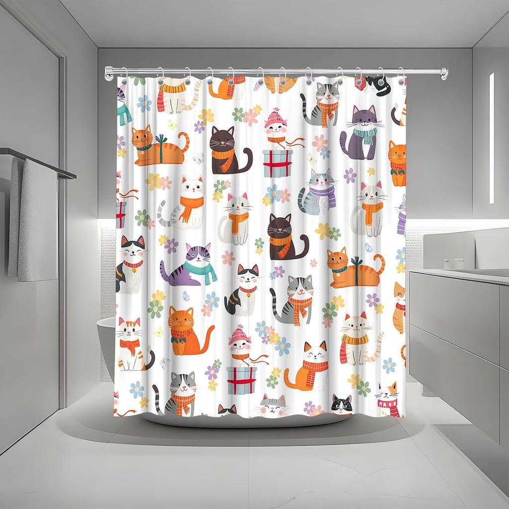 Lustiger Katze Duschvorhang Abstraktes Kätzchen Bunt Niedlich Floral Schmetterling Liebliche Haustiere Cartoon Tier Wildblume Modern Minimalismus