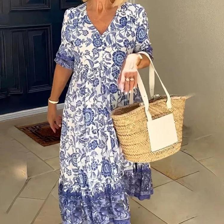 Women Floral Print Vneck Dress Lightweight Loose Long Dress Short Sleeve Summer Breathable Comfort Casual Dress for Fashion Work and Vacation