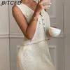 BITCED Spring/Summer 3D Floral Knit Waist-cinched Dress with Sleeveless Vest Top Two-Piece Set