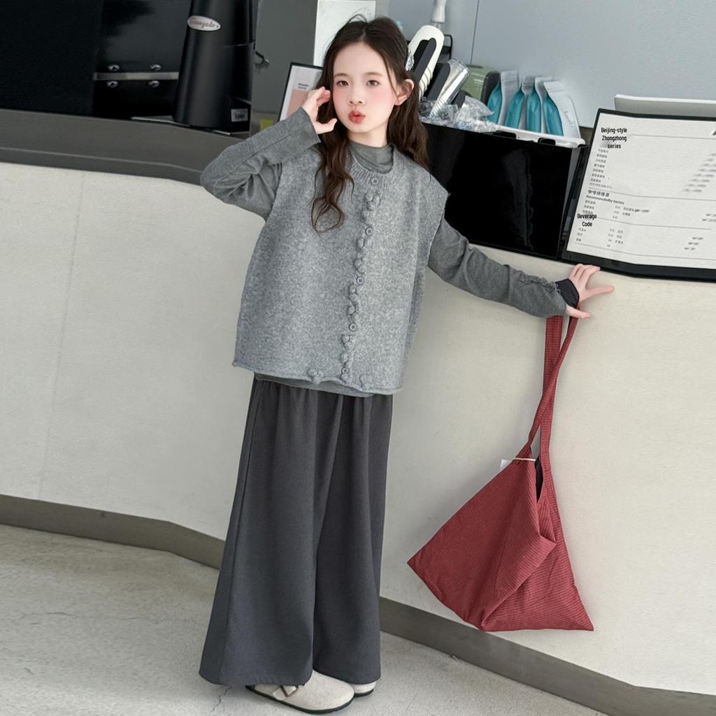 Dziewczęcy jesienny zestaw modowy trzyczęściowy w stylu koreańskim 2025 – stylowy strój casualowy dla dużych dziewczynek