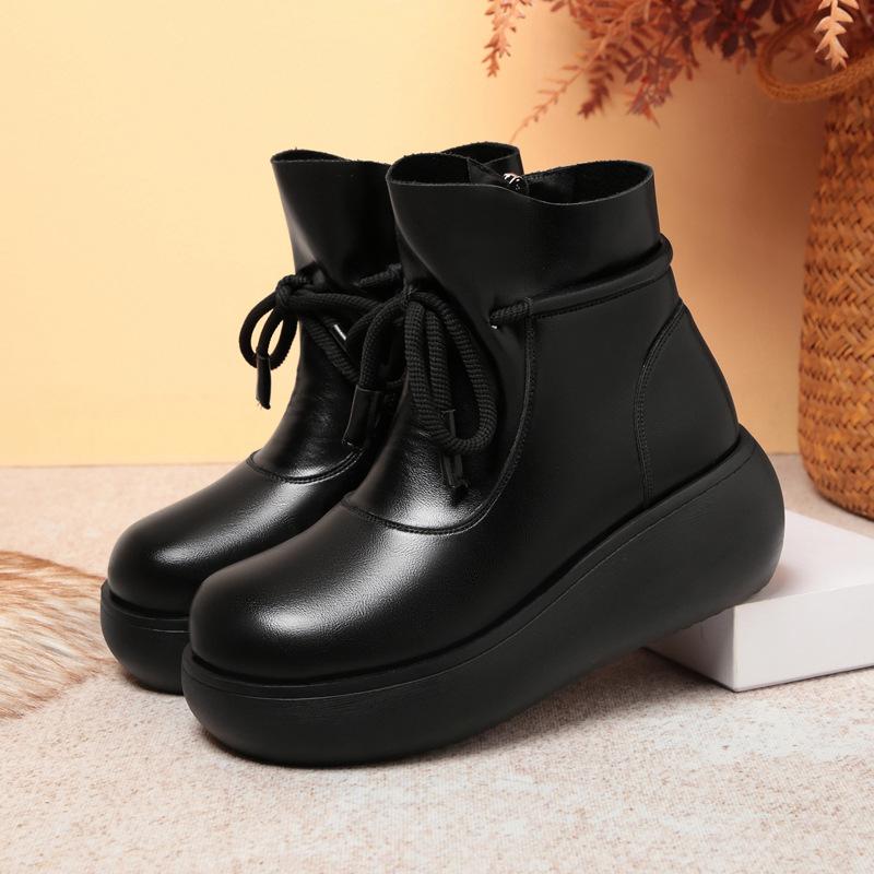 Autumn and Winter New Retro Thick-soled Soft Leather Martin Boots Lace-up Light Short Boots Velvet Warm Women's Shoes Comfortable Cotton Shoes