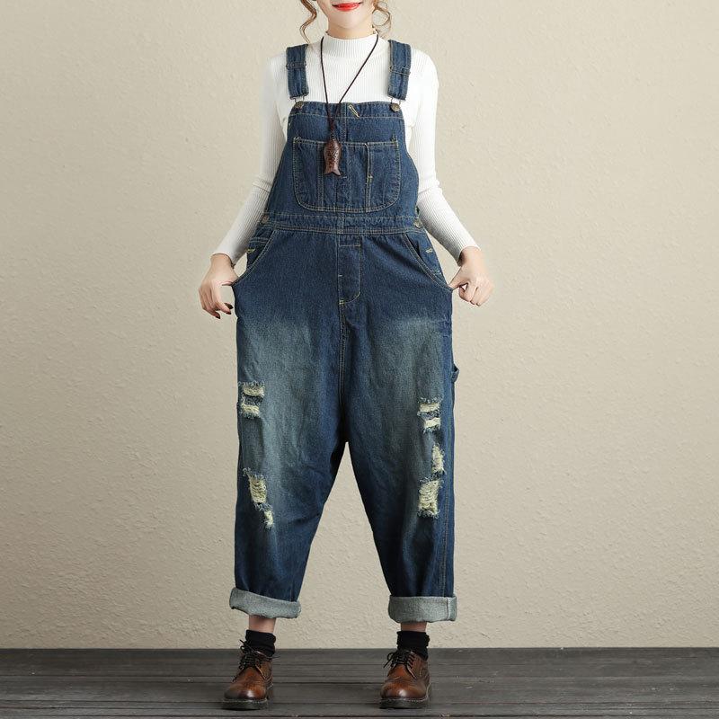 Denim Overalls Women's Fashion Loose Hole Design Overalls Women's Casual Retro Overalls Classic Trousers