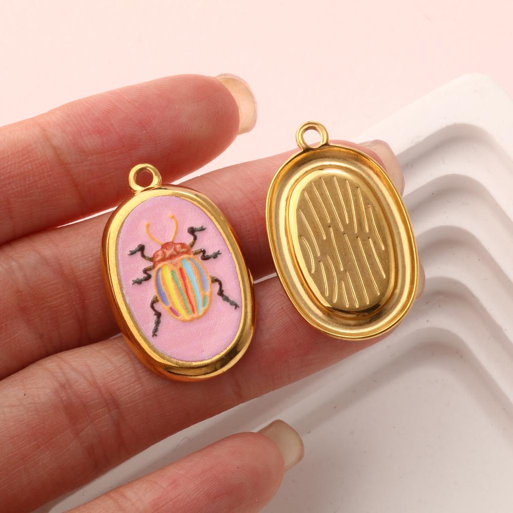 2PCs Creative 304 Stainless Steel Insect Charms For Jewelry Making 18K Gold Plated Oval Ladybug Necklace Pendant 28mm X 17.5mm