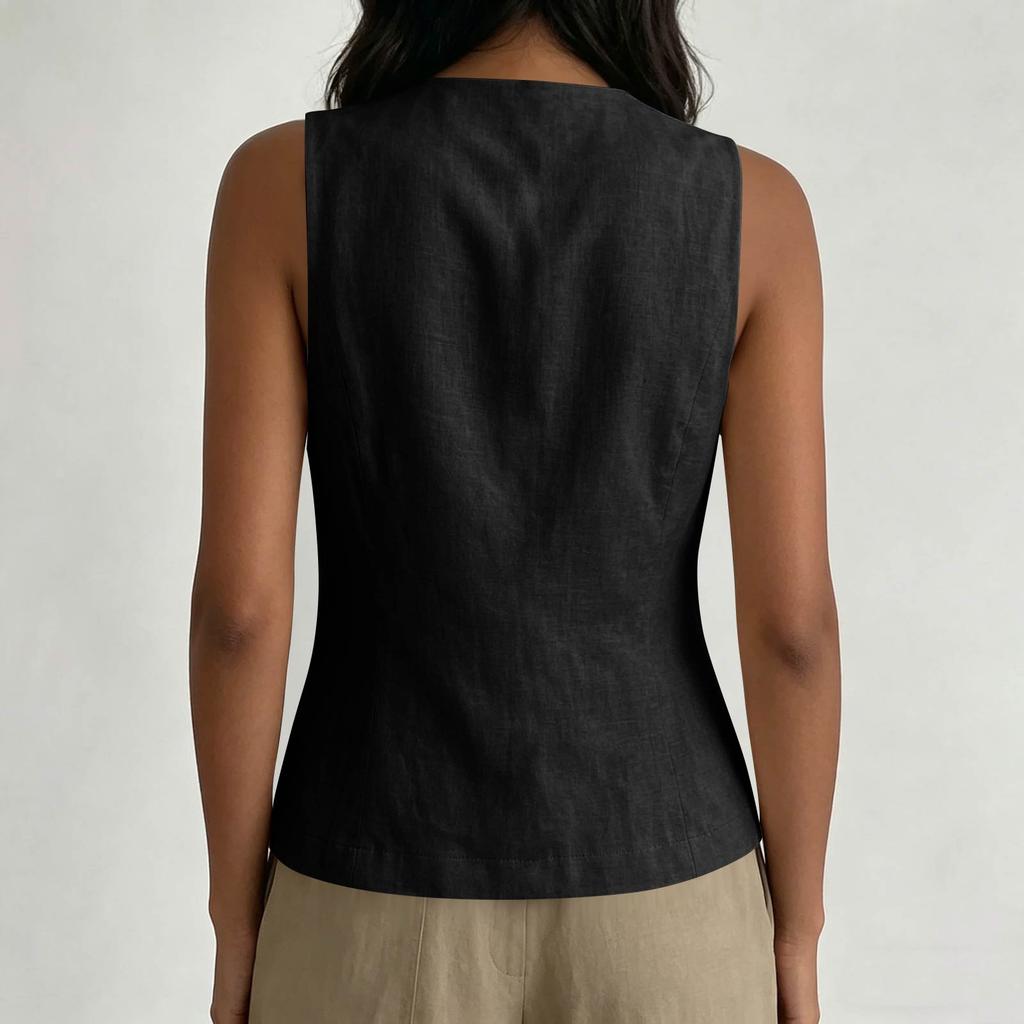 Women's Linen Blend Sleeveless Vest Top, Asymmetric Collar Button Down Blouse, Casual Summer Tank Top