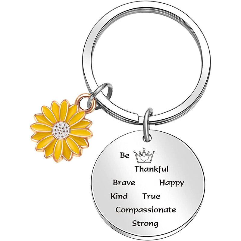 Cute Mobile Phone Lanyard Chain Sunflower Pendant Metal Stainless Steel Keychain Encouragement Message Pendant Charm Men Women