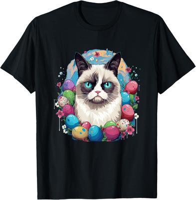 Angery Cat Easter Eggs Graphic Tee Funny I Don't Like Spring T-Shirt Unisex Casual