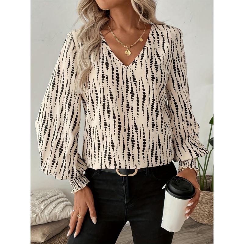 Women's V-neck Printed Elegant Women Shirt Spring Autumn Tops Long Sleeve Loose Simple Ladie Blouse Streetwear Casual Fashion Clothing