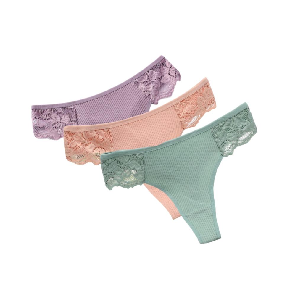 3Pcs/Set Women Cotton G-string Panties Female Underpants Breathable Underwear Solid Color Thongs Lace Trim Comfort Sexy Lingerie