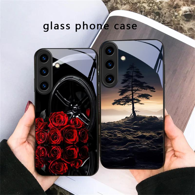 Small Pebble Flowers For Samsung Galaxy S20 S21 S22 S23 Plus S24 FE S25 Ultra S26 Edge S25+ S20+ S22+ Black Glass Phone Case