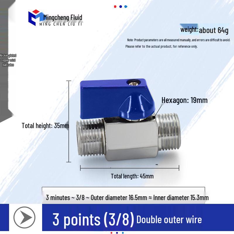 Compact Ball Valve with Double Male/Female Thread, Sizes 1/4", 3/8", 1/2", Pneumatic Polished Electroplated Switch Valve Accessory.