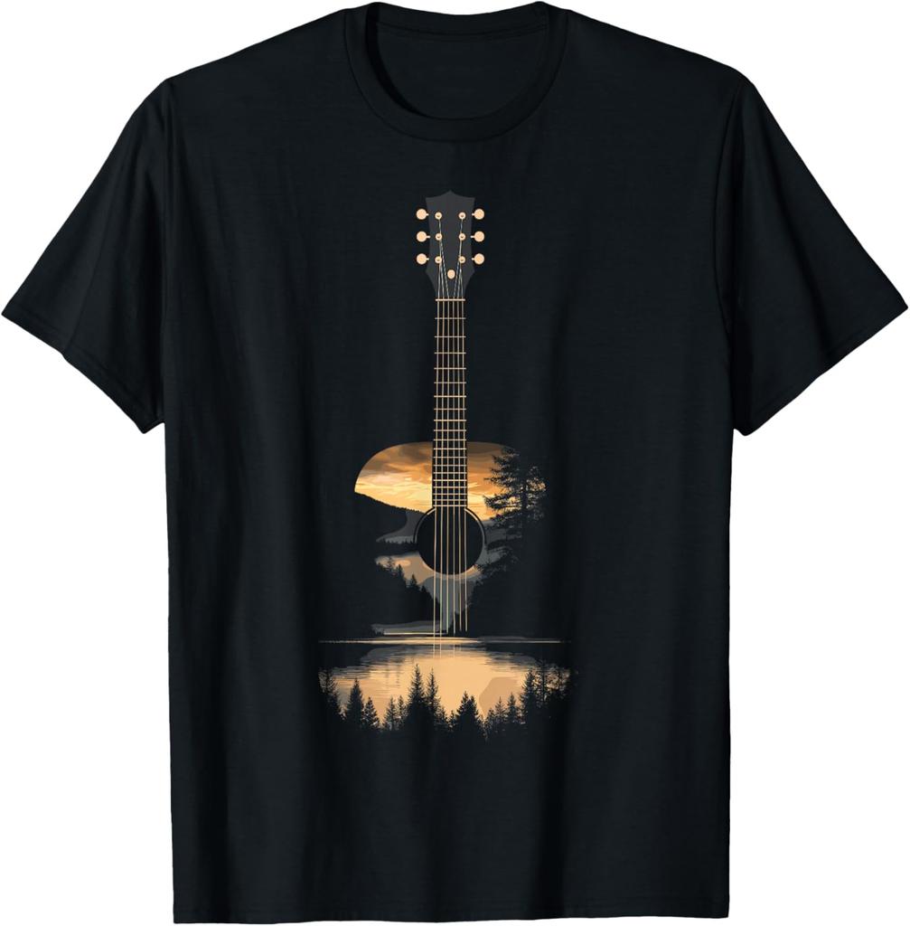 T-shirt Artistica con Chitarra Acustica al Tramonto e Natura Panoramica