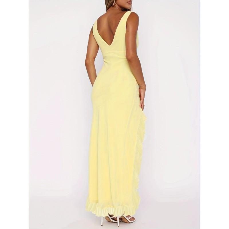 Womens Solid Color V-Neck Sleeveless Ruffle Hem Slit Maxi Dress High Waist Street Chic 2026