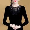 Elegant Plus Size Long-Sleeved Bottoming Shirt with Black Lace Neckline and Floral Embroidery for Autumn Spring