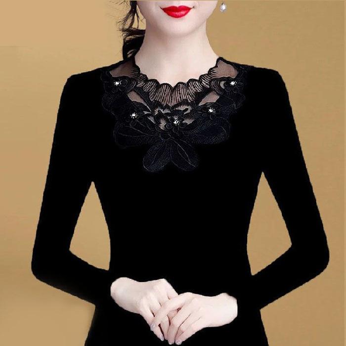 Maglietta a maniche lunghe in pizzo nero da donna autunno inverno, taglie forti, parte superiore interna