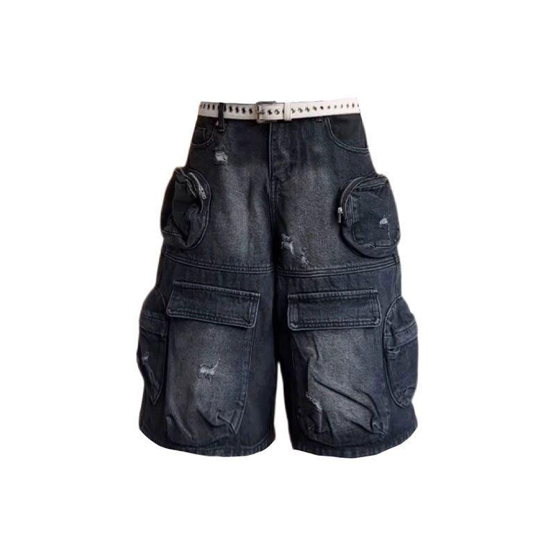 

Street Oversized Washed Pocket Women Workwear Denim Shorts High Waisted Straight Pants XS чорний