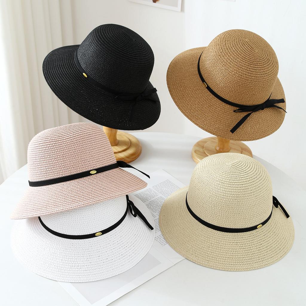 Sun hat large brim bucket hat women's basin hat straw hat webbing bow holiday straw hat seaside beach hat women