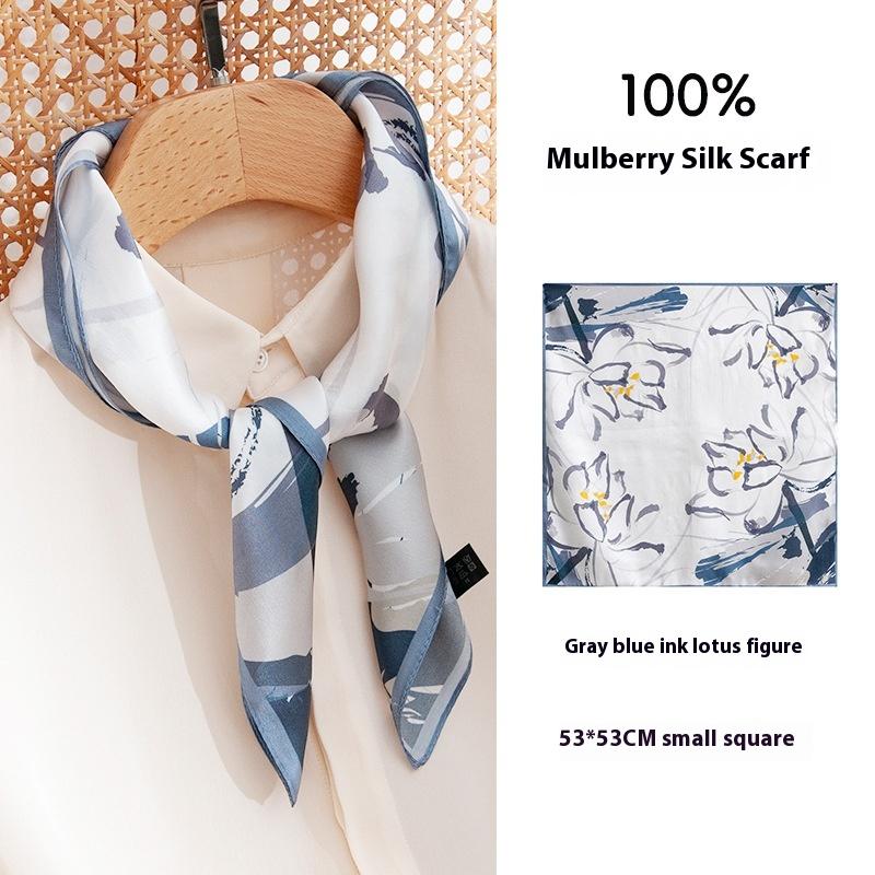 53Cm satin blue printed silk neck small square scarf 100 mulberry silk scarf OL versatile  new silk scarf