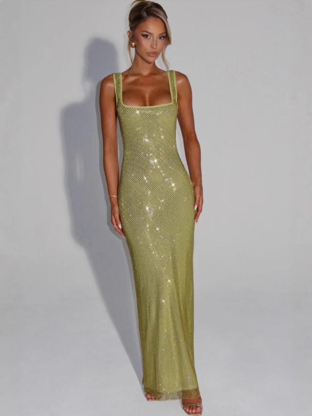 Elegant 2025 Sequin Rhinestone Bodycon Evening Dress with Double Shoulder Strap