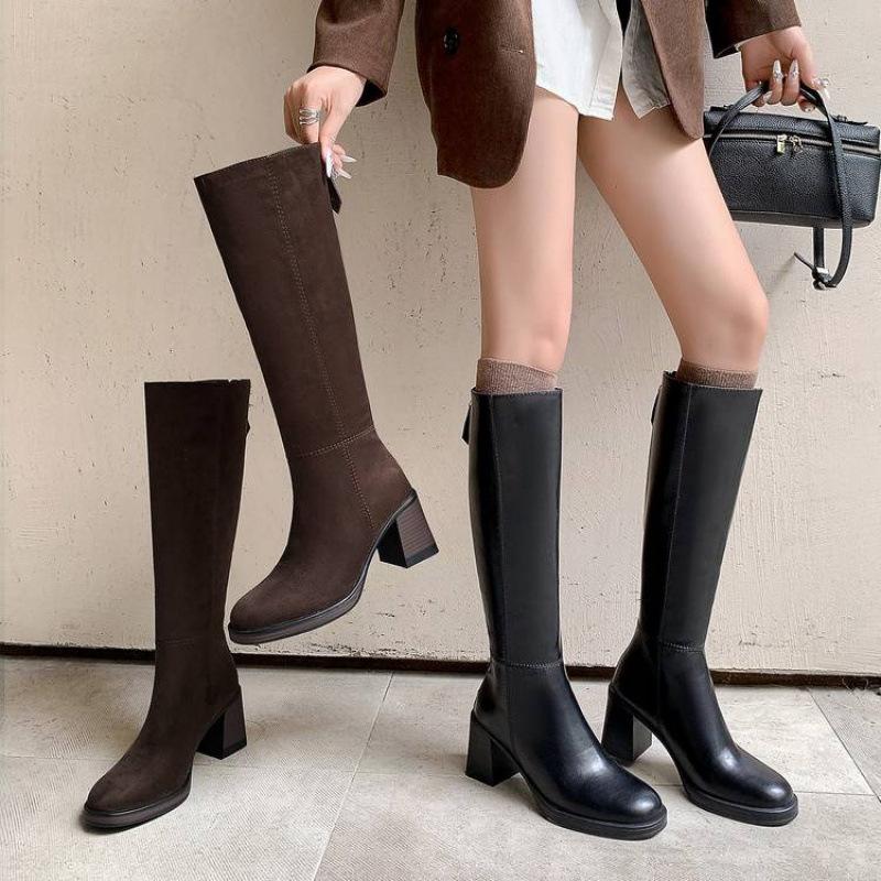 Autumn and Winter Women's Fashion Boots Solid Color Leather Large Size Women's Boots High Heel Rear Zipper New Cowhide Versatile High Boots
