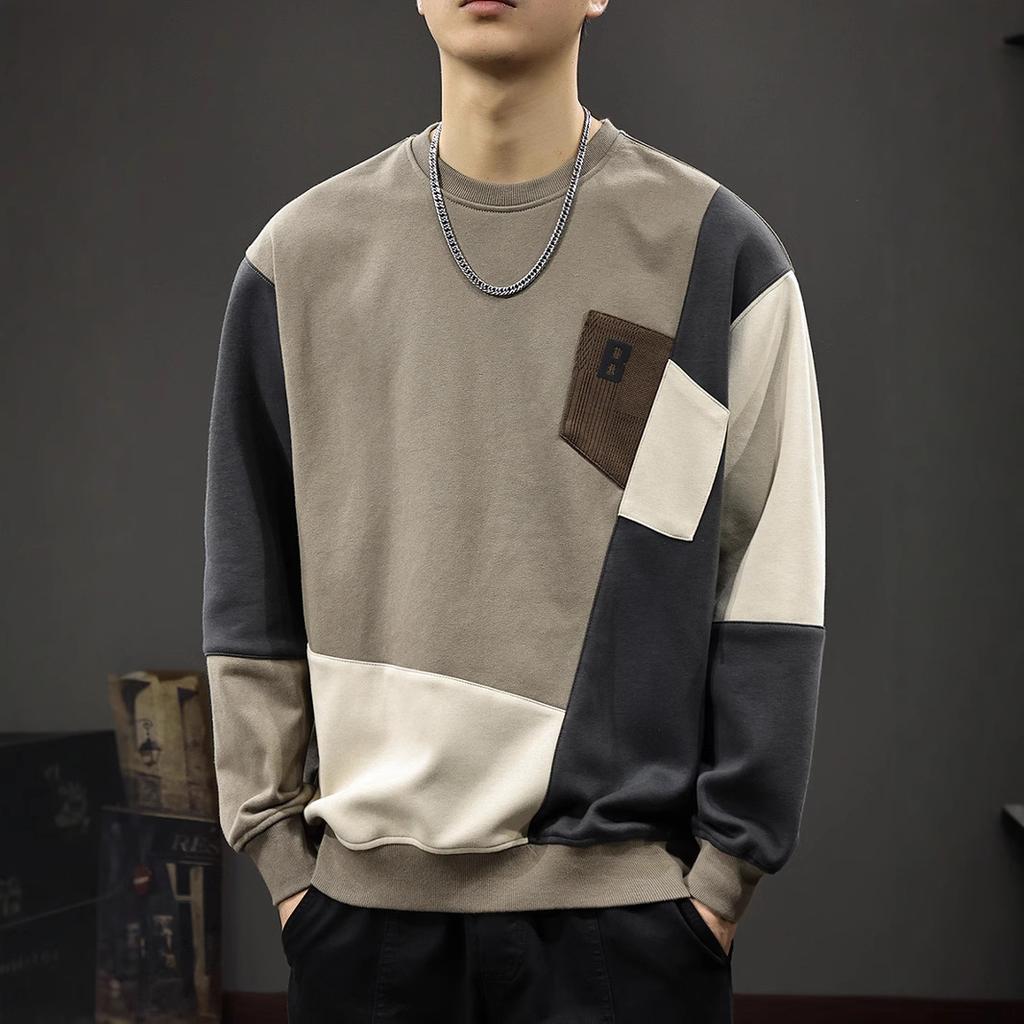 Autumn Design Sense Color Matching Pocket Sweater Men'S Heavy Abrasion Loose Large Size Round Neck American Casual Jacket