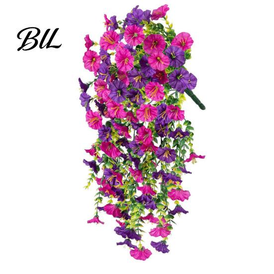 Künstliche Blumen Tischdekoration Künstliche Blumen für den Außenbereich, Hängende Prunkwinde mit Eukalyptusblättern, UV-beständige Pflanzen für Zuhause, Petunien