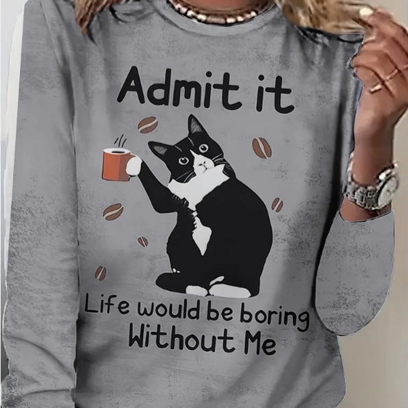 

Топы для женщин с принтом в виде милого кота и круглой горловиной, футболка с длинным рукавом, осенний повседневный тонкий пуловер, женский топ с длинным рукавом 8XL серый