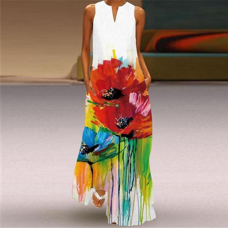 Sleeveless V Neck Retro Printed Multicolor Maxi Dress with Pockets