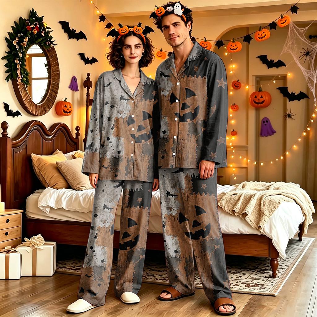 Adult Halloween Pajama Set Long Sleeve Long Pants Casual Loose Fit Sleepwear for Women and Men