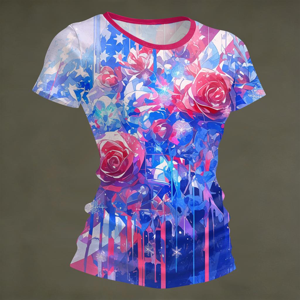 Women's Fashion Round Neck Independence Day Print Short Sleeve Loose Crewneck T-Shirt Top