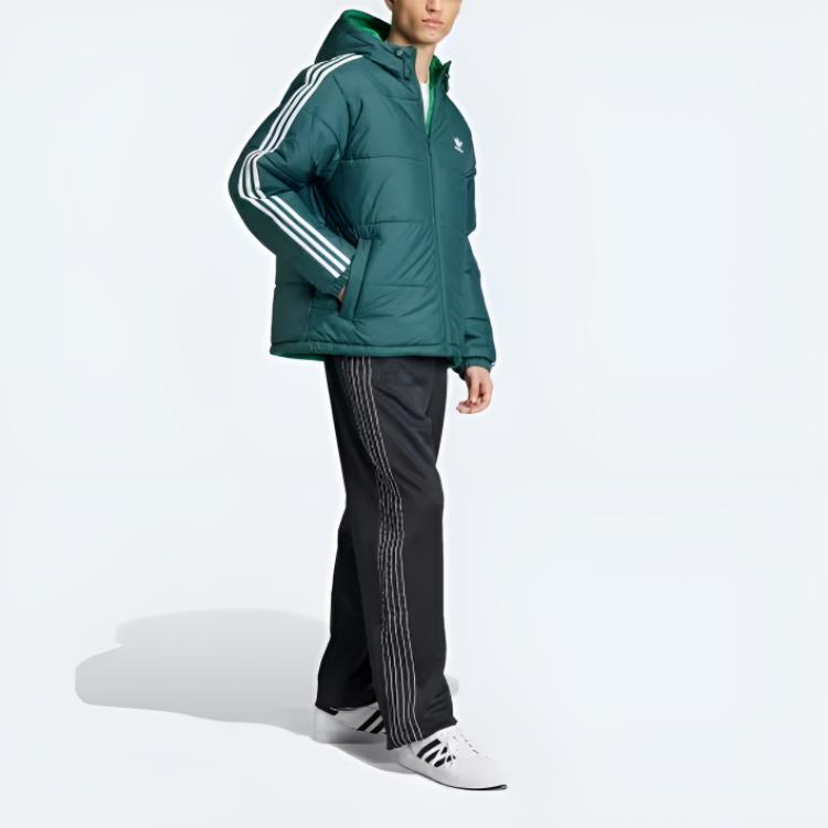 adidas Originals Men's Reversible 3-Stripes Padded Hooded Jacket Green Black JD9072