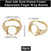 Beebeecraft 1 Box 4Pcs Blank Ring Base 24K Gold Plated Flower Flat Round Pad Adjustable Prong Ring Setting with Oval Tray for DIY Jewelry Ring Making