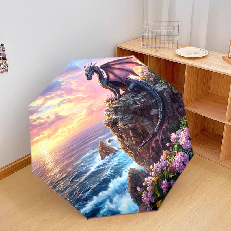 1 PC Automatic Folding Umbrella - Dragon Sunset Pattern, Portable & Foldable Design with 8 Ribs, Christmas Birthday Gifts