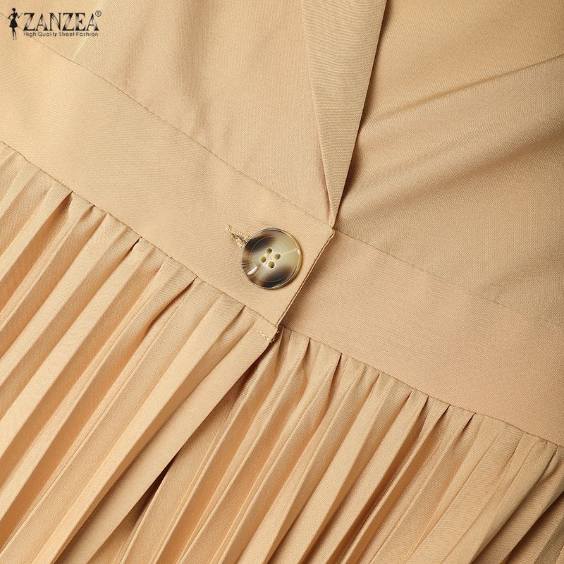 ZANZEA Rochie Casual Femei cu Rever Crestat, Mâneci Lungi Largi, Plisată