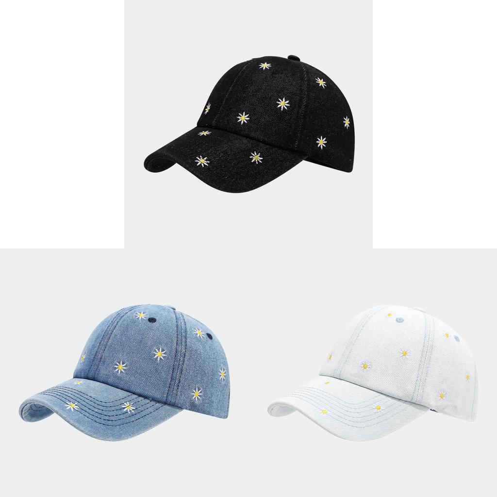 Embroidered Daisy Flower Denim Baseball Hat With Sunshade For Casual Day Out