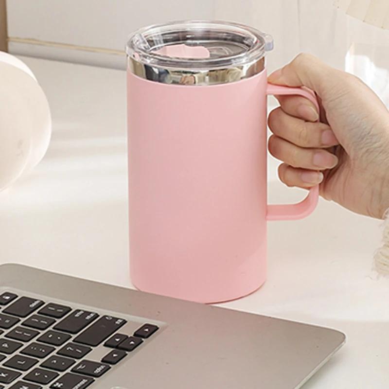Stainless Steel Water Bottle Protable with Plastic Lid and Handle Double Layers Coffee Milk Cup Insulated Vacuum for Office Work