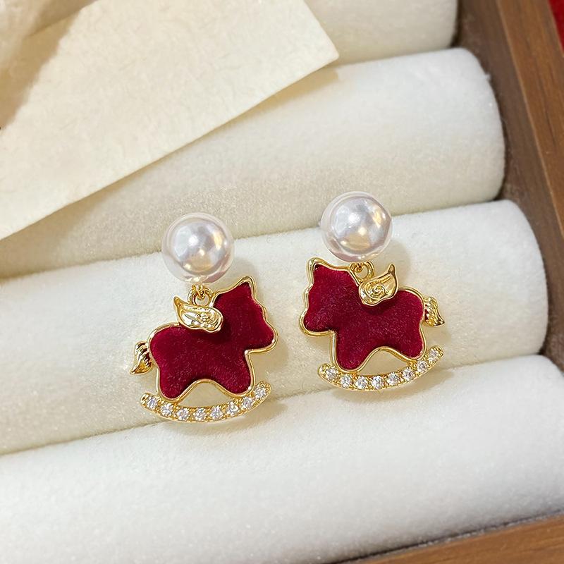 Korean red flocked pony pearl stud earrings temperament fashion versatile earrings earrings women