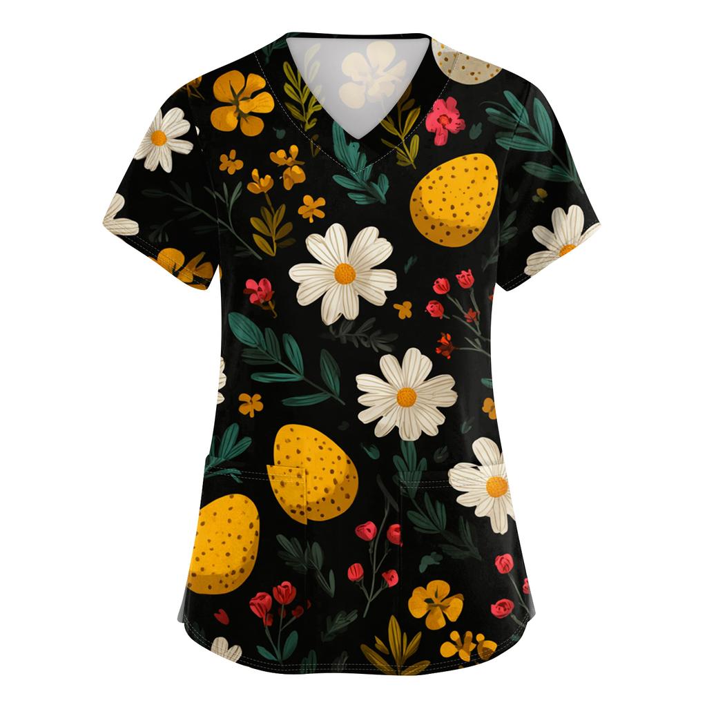 Damenmode V-Ausschnitt Kurzarm Arbeitskleidung Mit Taschen Osterdruck Oberteil Pflegekraft Uniform