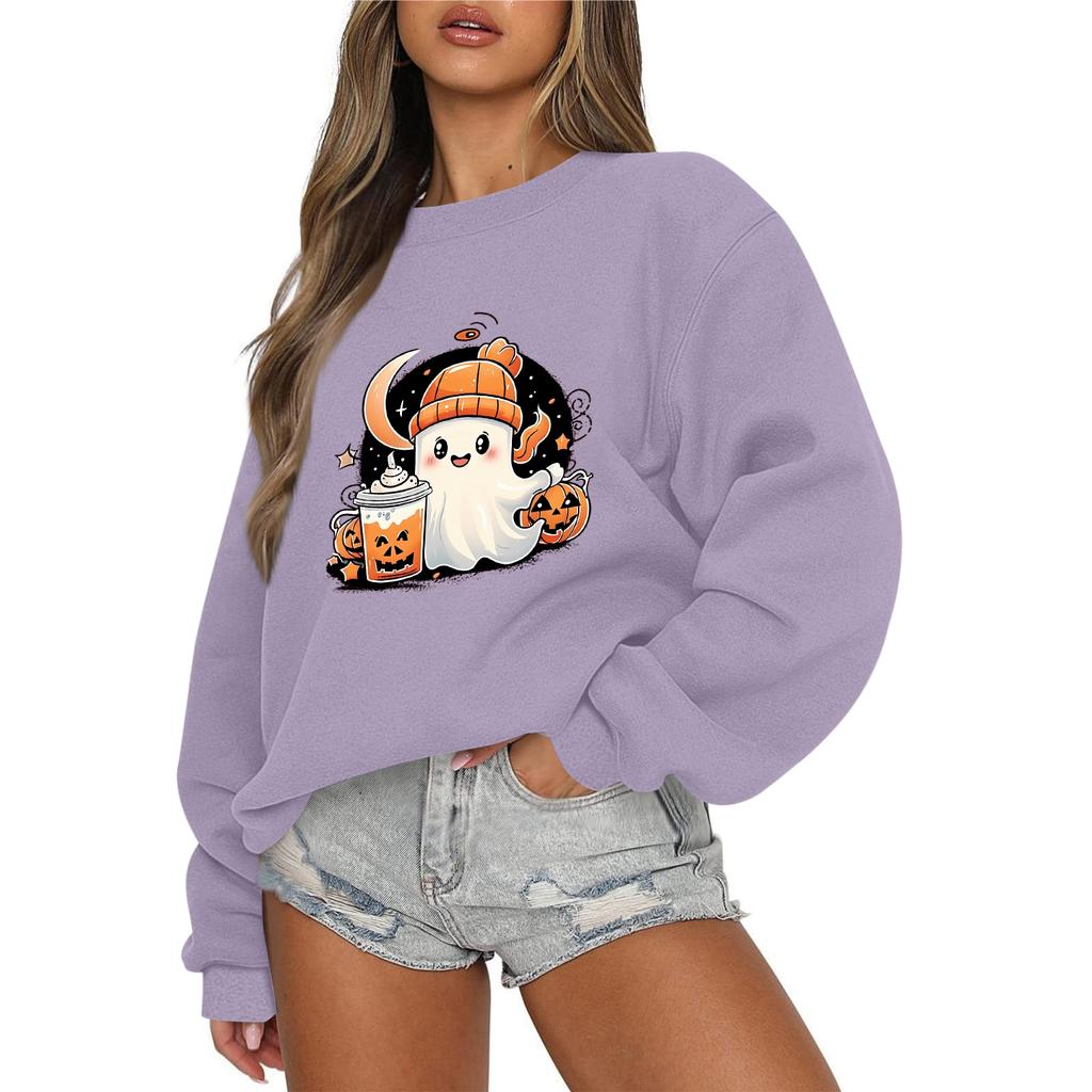 Women's Casual Fashion Round Neck Long Sleeve Halloween Printed Sweatshirt