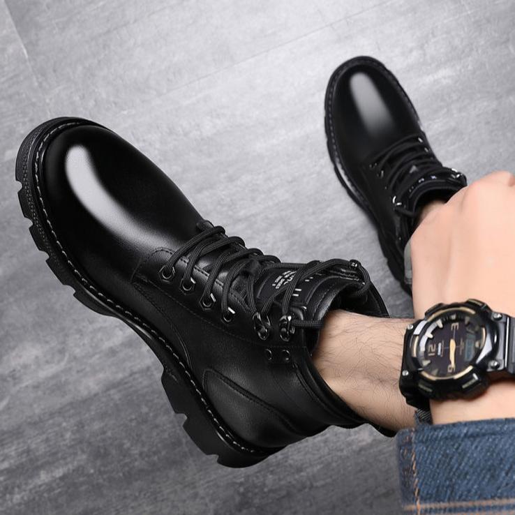 Winter Boots British Style High Top Waterproof Leather Boots Mid Top with Plush Insulation Cotton Shoes Men's Short Boots Snow Boots