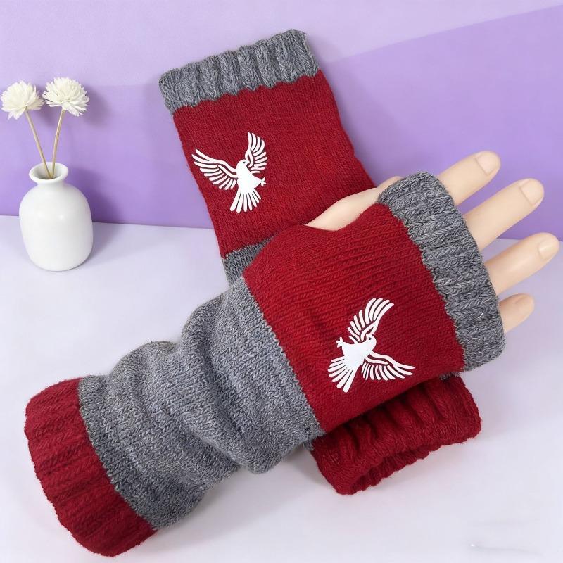 Gants en tricot sans doigts avec broderie de chat et patchwork, Gants décontractés ouverts aux doigts tendance pour femme, Mitaines chaudes d'hiver sans doigts