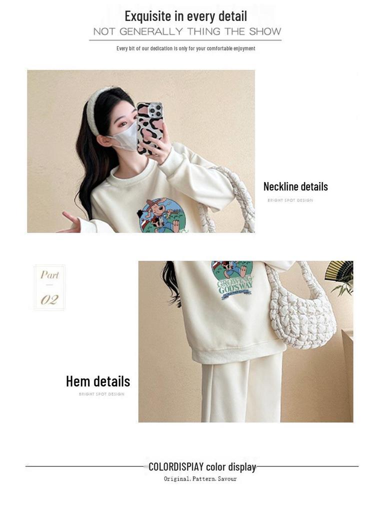 Spring 2025 Age-Reducing Women's Maternity Set: Apricot Round Neck Printed Sweatshirt & Loose Pants