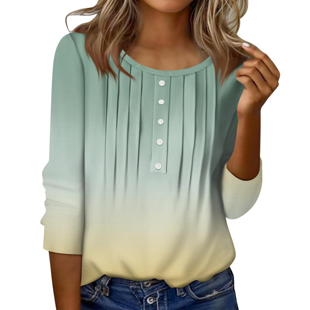 Women's Round Neck Pull Stripe Decorative Button Top Casual Solid Color 3/4 Sleeve T Shirt