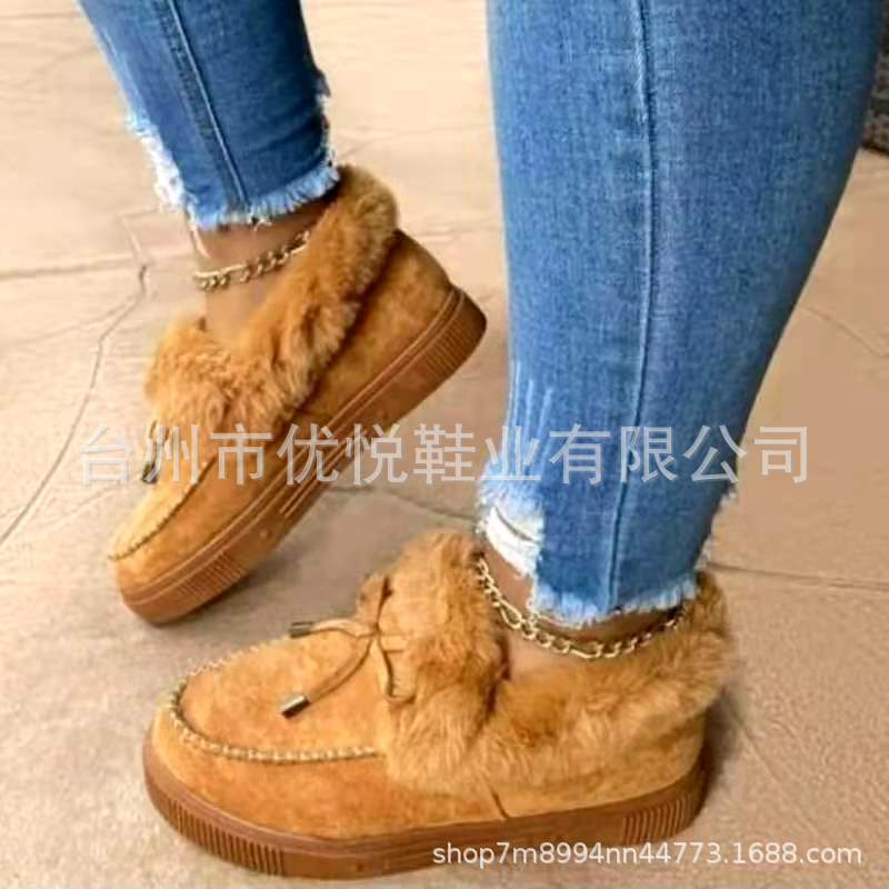 Autumn and winter new flat-bottomed suede plush one-pedal snow boots warm and non-slip fluffy women's plush thick cotton shoes