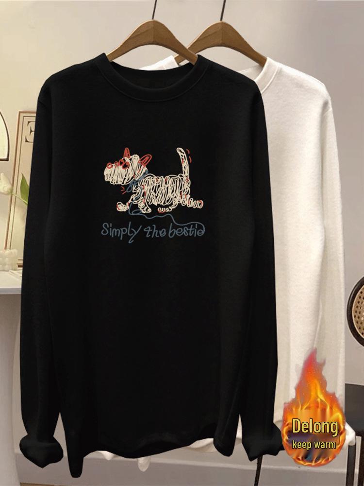 Fluffy Brushed Long-Sleeve T-Shirt: Cozy, Loose Fit Ideal for Autumn & Winter; Perfect as a Base Layer or Standalone, with Full Coverage.