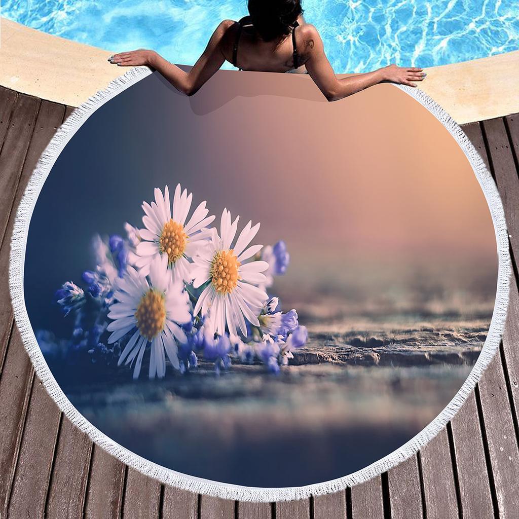Floral Daisy Round Beach Towel,Microfiber Beach Blanket Sand Free Quick Dry Swim Pool Bath Circle Towel with Tassel for Teen Men