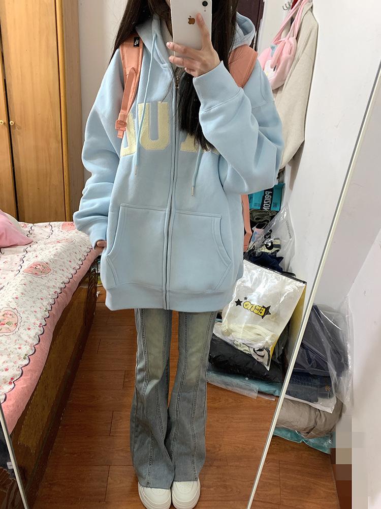 American retro cardigan sweater jacket women's spring and autumn loose casual zipper hooded baseball jersey ins